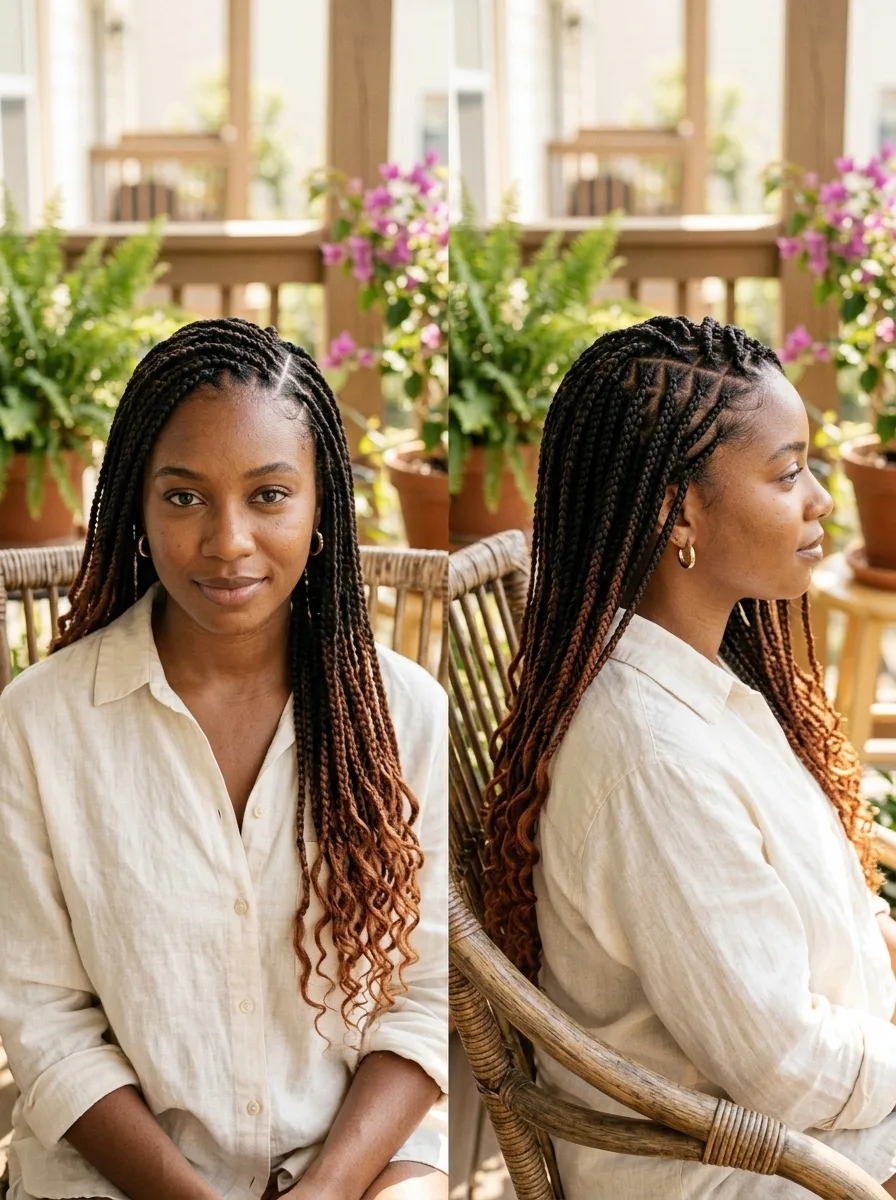 Comparison of French curl braids in a deep brunette shade next to the same style in a lighter ash-brown shade.