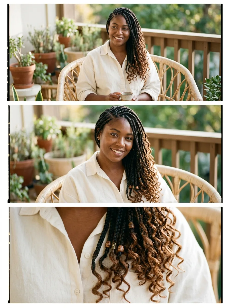 Woman showcasing box braids with French curl ends against a terracotta plaster wall.