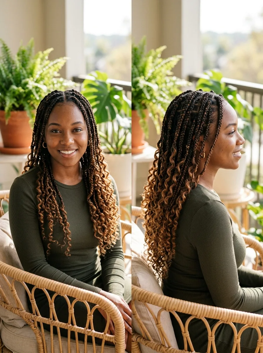 Front and side portrait of boho French curl braids in a caramel color-melt, loose spiral curl draping the shoulders.