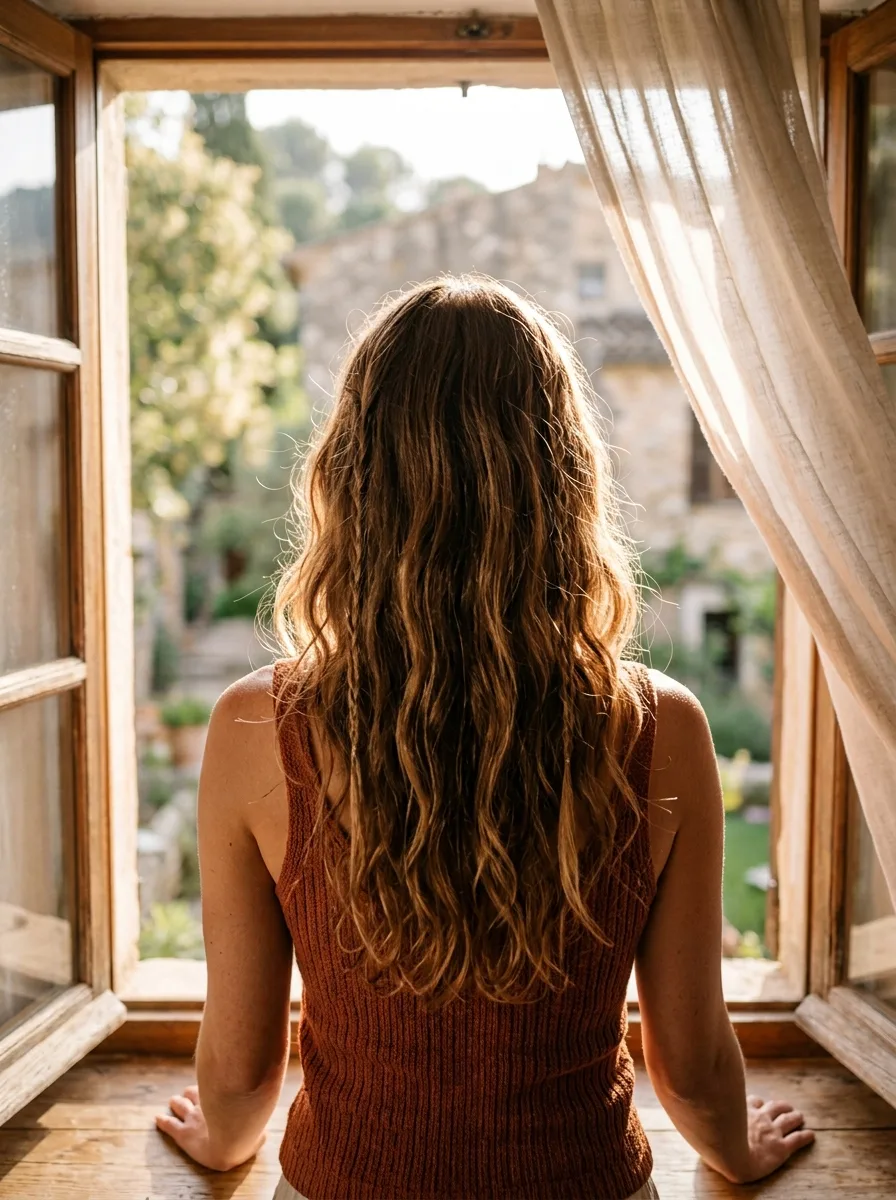 Back view of long caramel-brown beachy waves with two thin plaits hanging through them, by an open window with a sheer linen curtain.