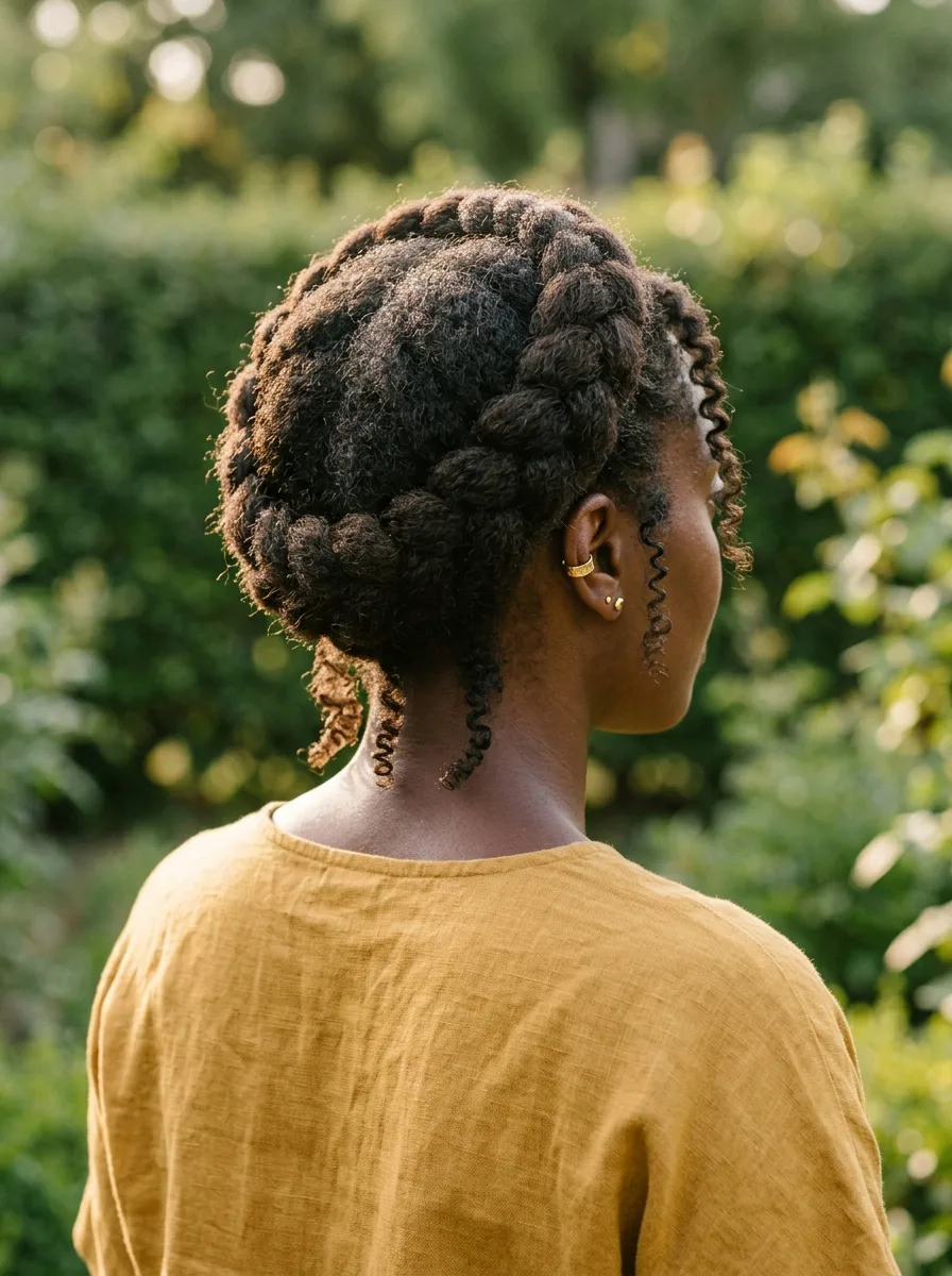 Rear three-quarter view of a thick halo braid wrapped around the head in natural coily hair, with coily tendrils at the nape, against a green hedge.