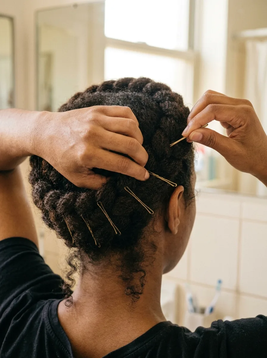 Woman's hands pinning a crown braid of her own coily hair into place with gold bobby pins, seen from behind in a bright bathroom.