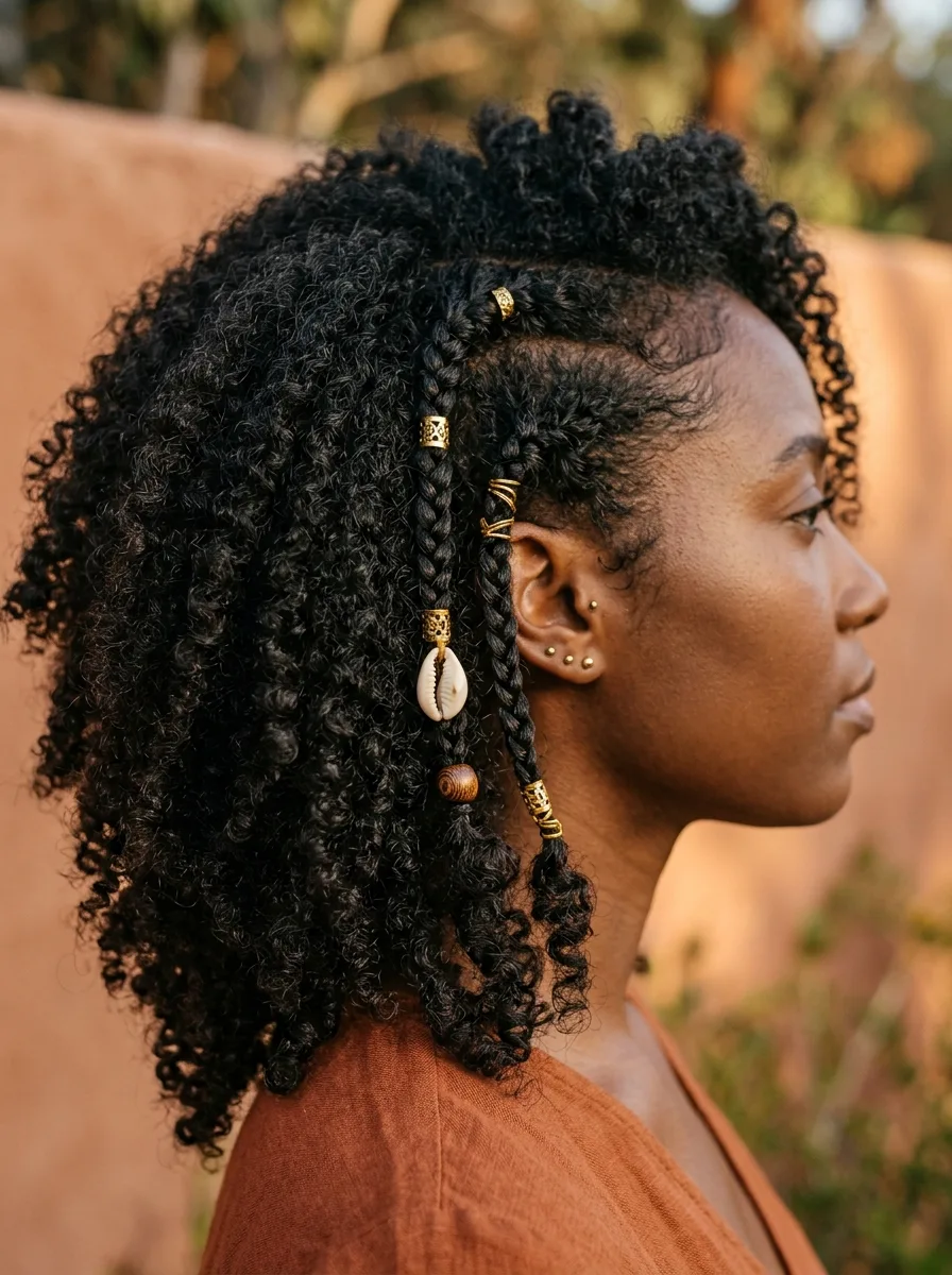 Side profile of full natural coily curls with two thin temple braids threaded with gold cuffs, a cowrie shell and a wooden bead, against a terracotta wall.