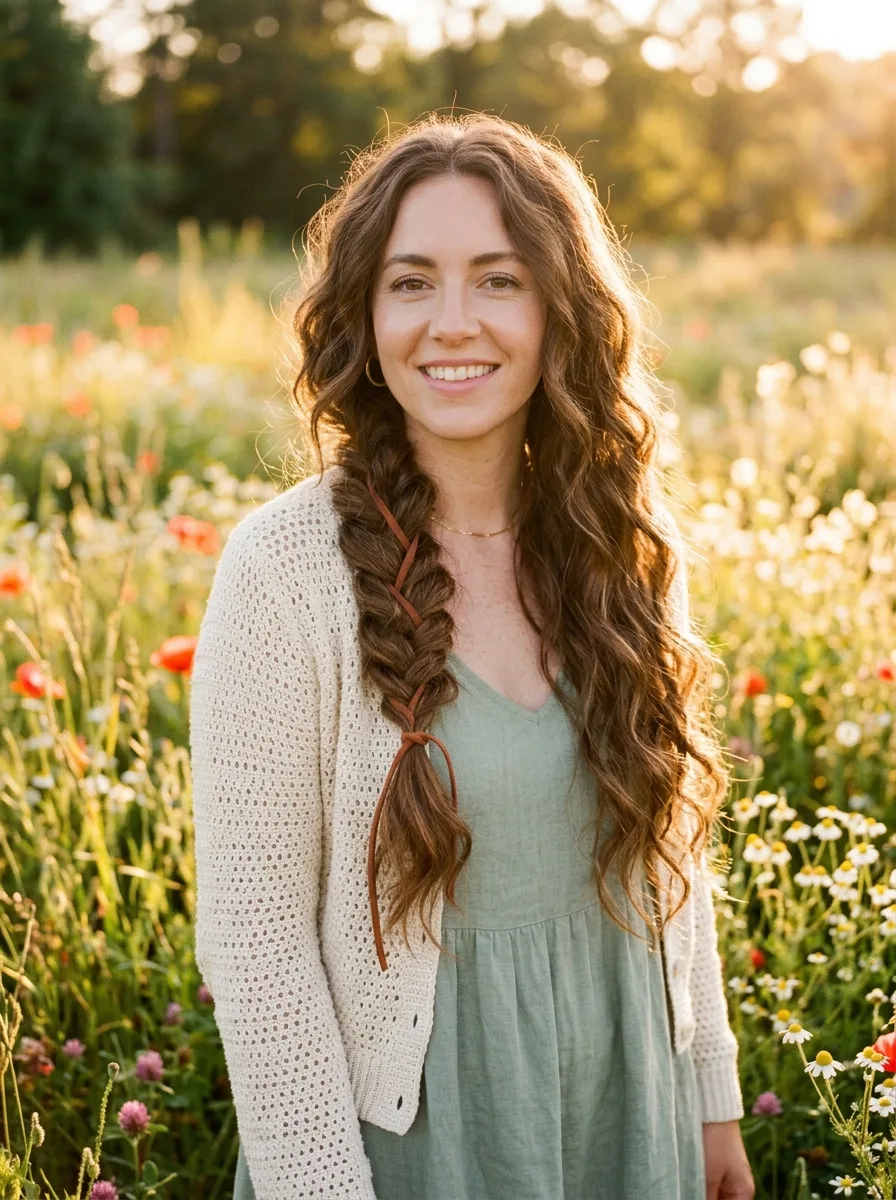 Woman with long wavy chestnut hair in a loose side plait wrapped with rust suede cord, wearing a cream crochet cardigan in a wildflower meadow.