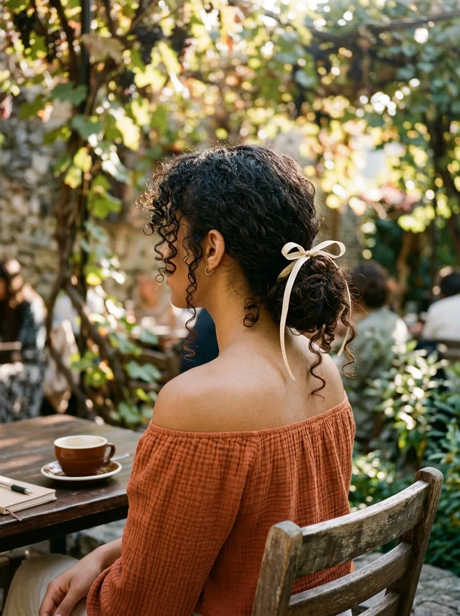 Messy low curly bun tied with a cream ribbon bow, with curly face-framing tendrils, seen from behind at an outdoor café table.