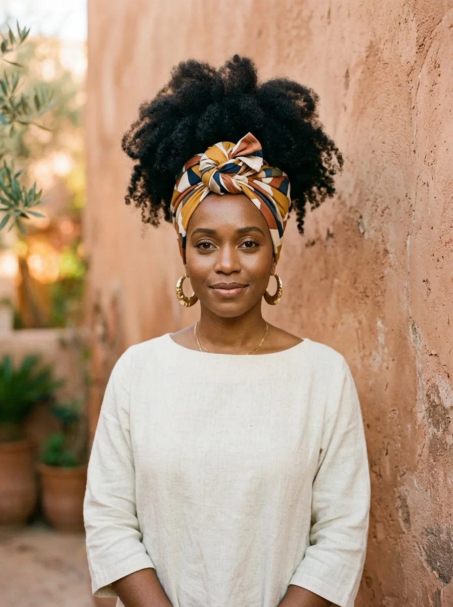 Woman with a high puff of natural coily hair above a knotted headwrap in a mustard, terracotta and cream print, against a terracotta plaster wall.