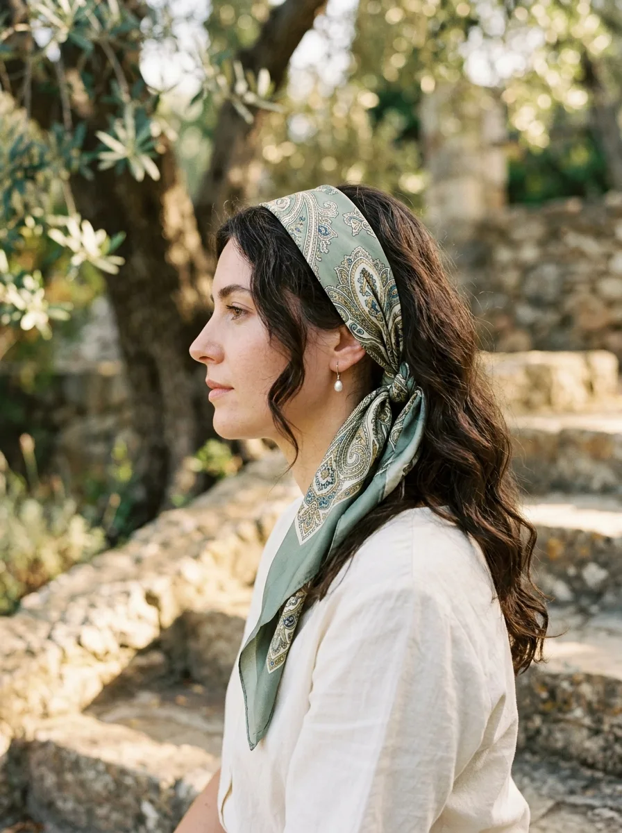 Side profile of long wavy dark hair with a sage and cream paisley silk scarf tied as a headband, knotted behind the ear with the ends trailing.