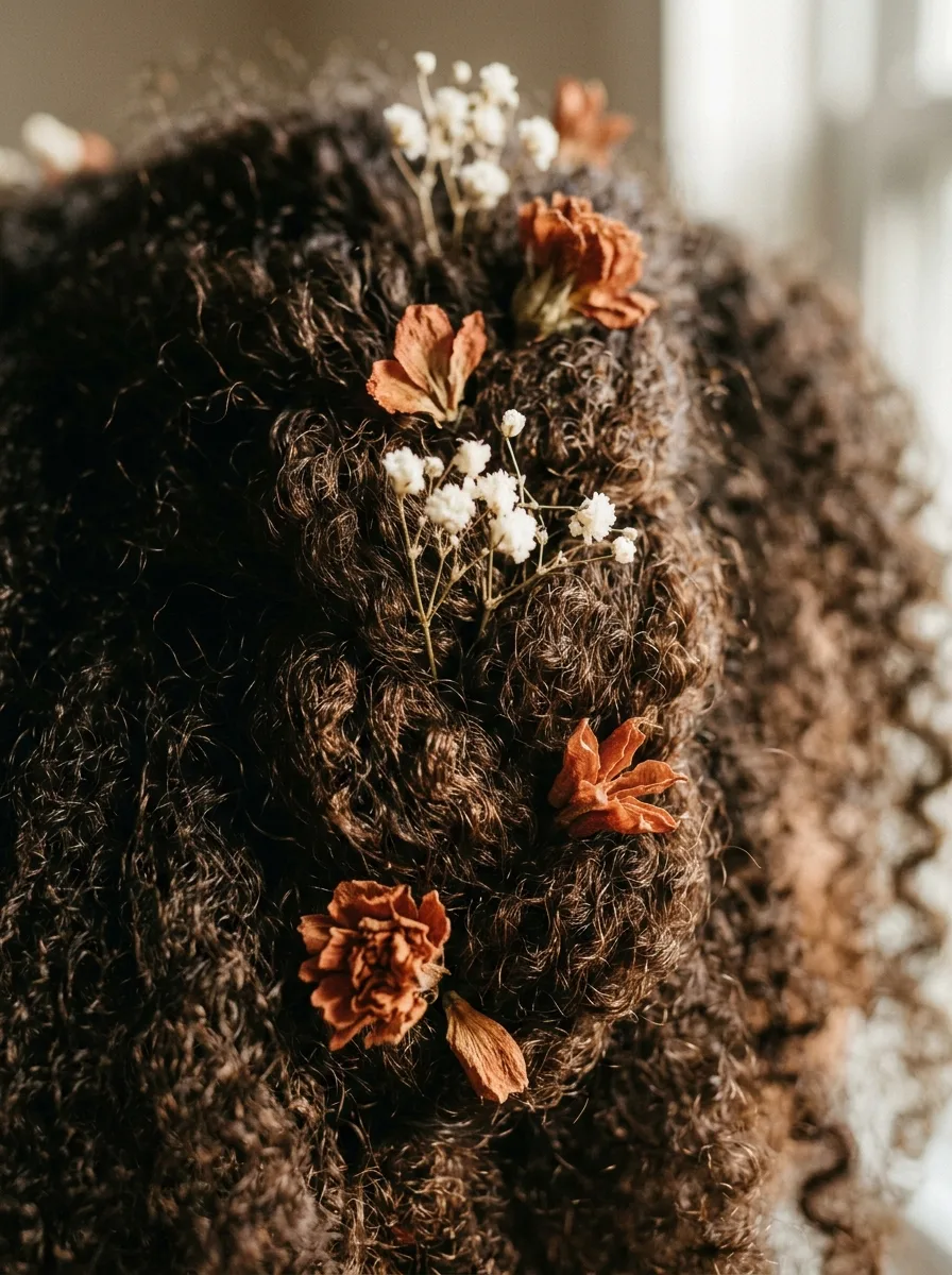 Macro of a loose crown braid in dark brown coily hair with dried baby's breath and small terracotta flowers tucked into it.