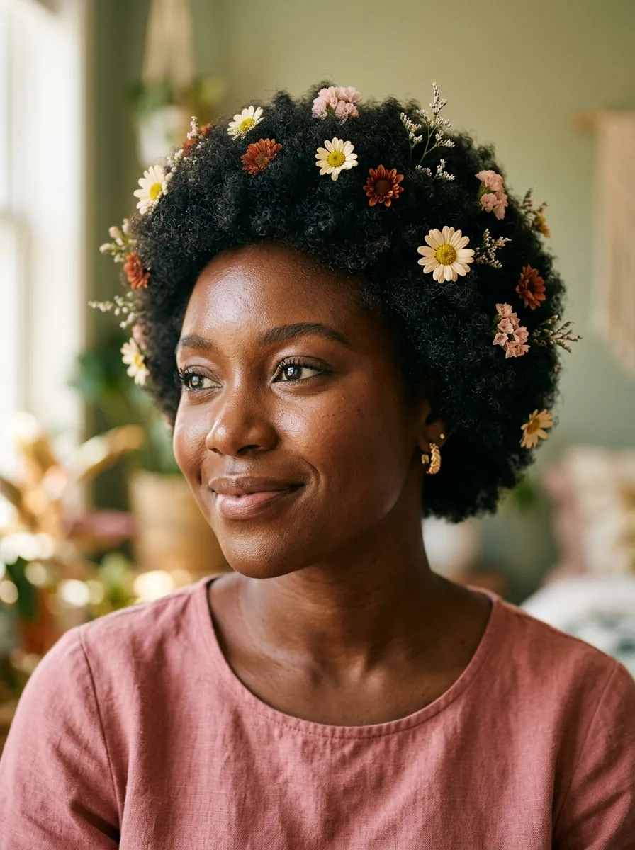 Smiling woman with a short rounded 4C afro with small daisies, rust and pink blooms tucked into the curls, wearing a rose linen top.