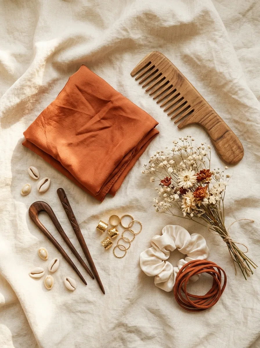 Flat-lay of boho hair accessories on cream linen: terracotta silk scarf, wooden comb, wooden hairpins, gold cuffs and rings, cowrie shells, a scrunchie and dried flowers.