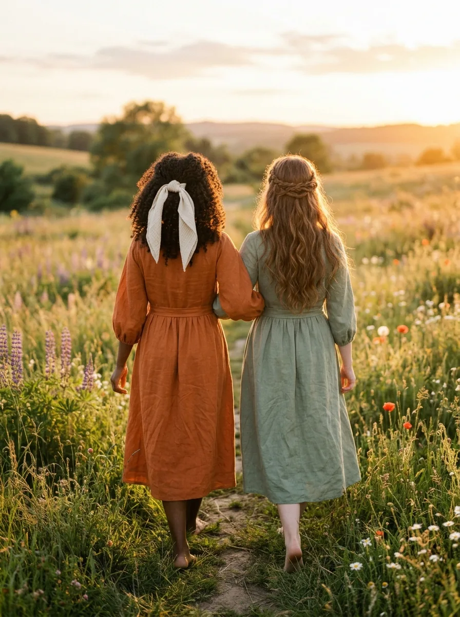 Two women from behind in a golden meadow, one with full coily curls and a cream scarf bow, one with long auburn waves and a thin braided crown.