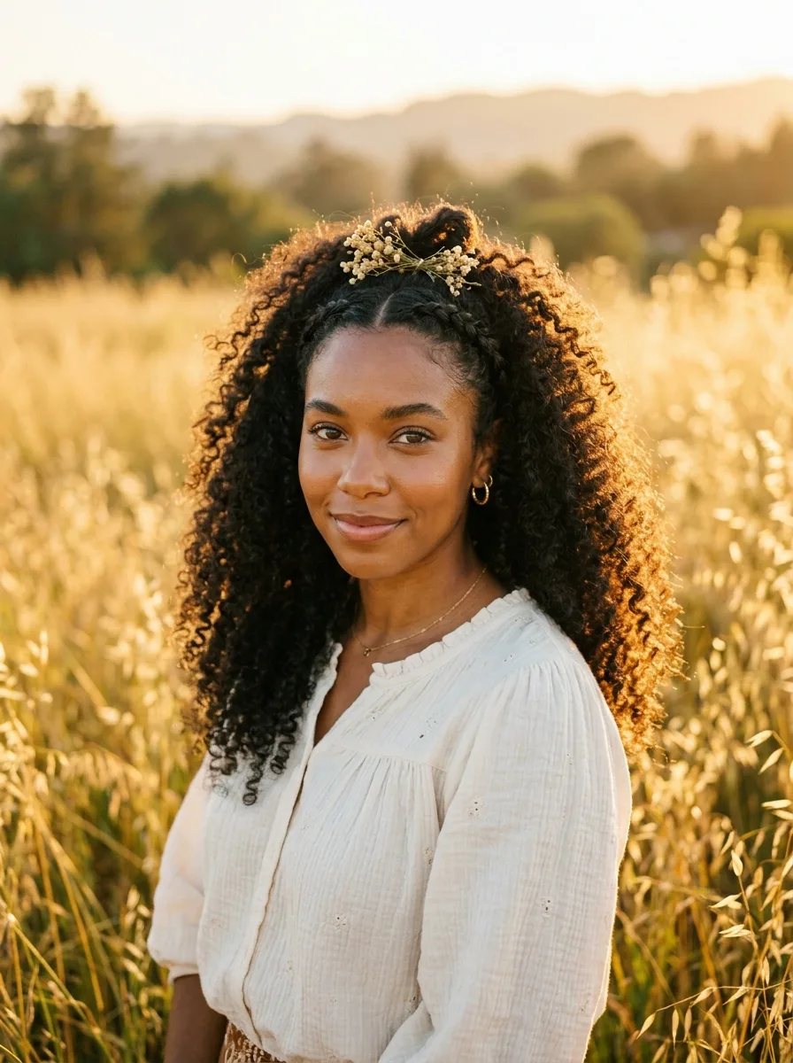 Woman with voluminous natural curly hair styled half-up with two thin temple braids meeting at the crown under a sprig of dried flowers, standing in golden grass.