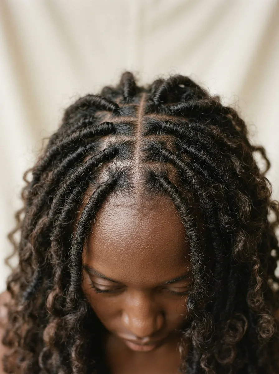 Overhead close-up of a center part with even two-strand twist sections radiating from the crown.