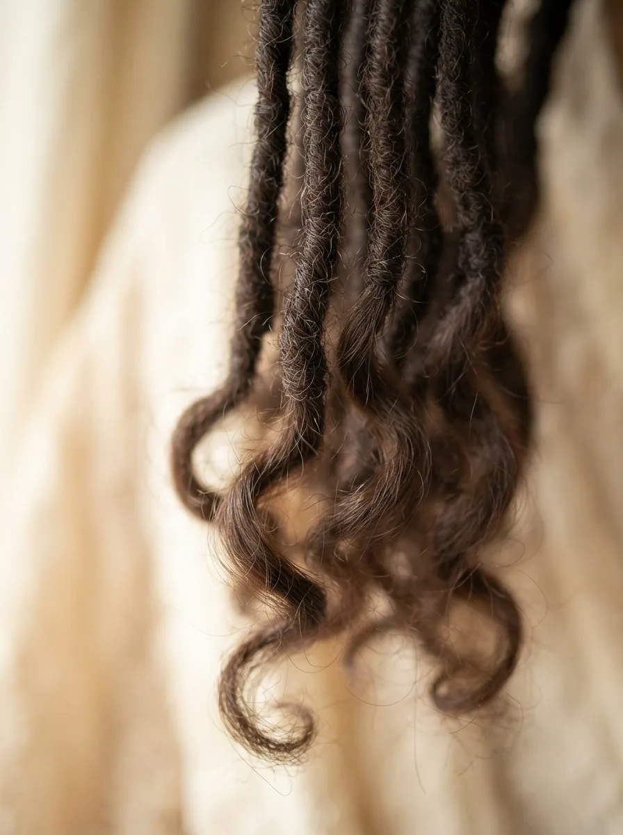 Close-up of twist ends where the tight two-strand wind loosens into soft, defined curls.
