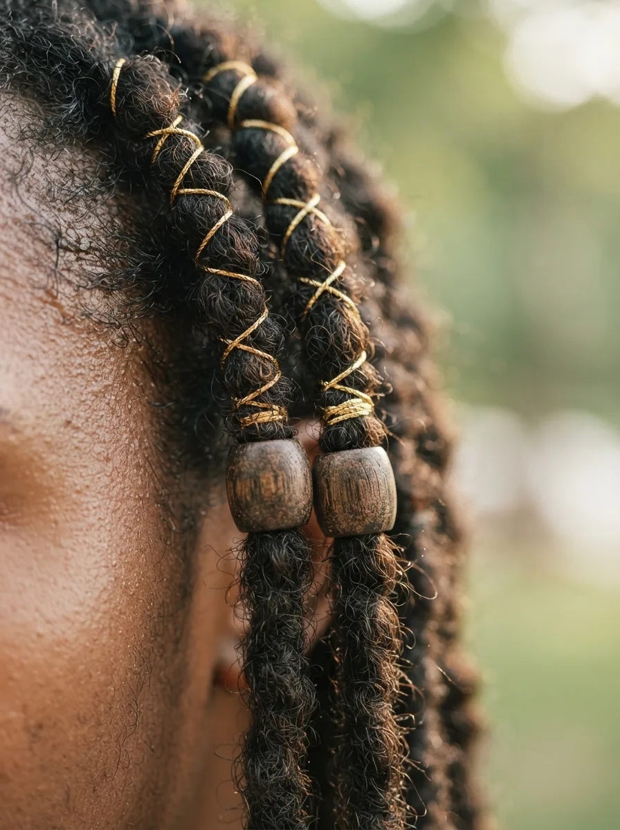 Detail of gold thread spiral-wrapped near the base of a goddess-style twist, finished with a wood bead.