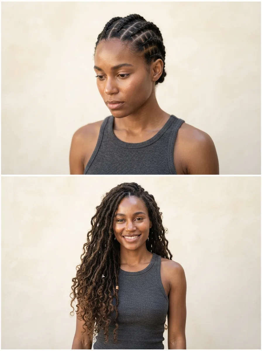 Two-panel portrait comparing a sleek cornrow-and-twist updo with the same hair worn down and loose.