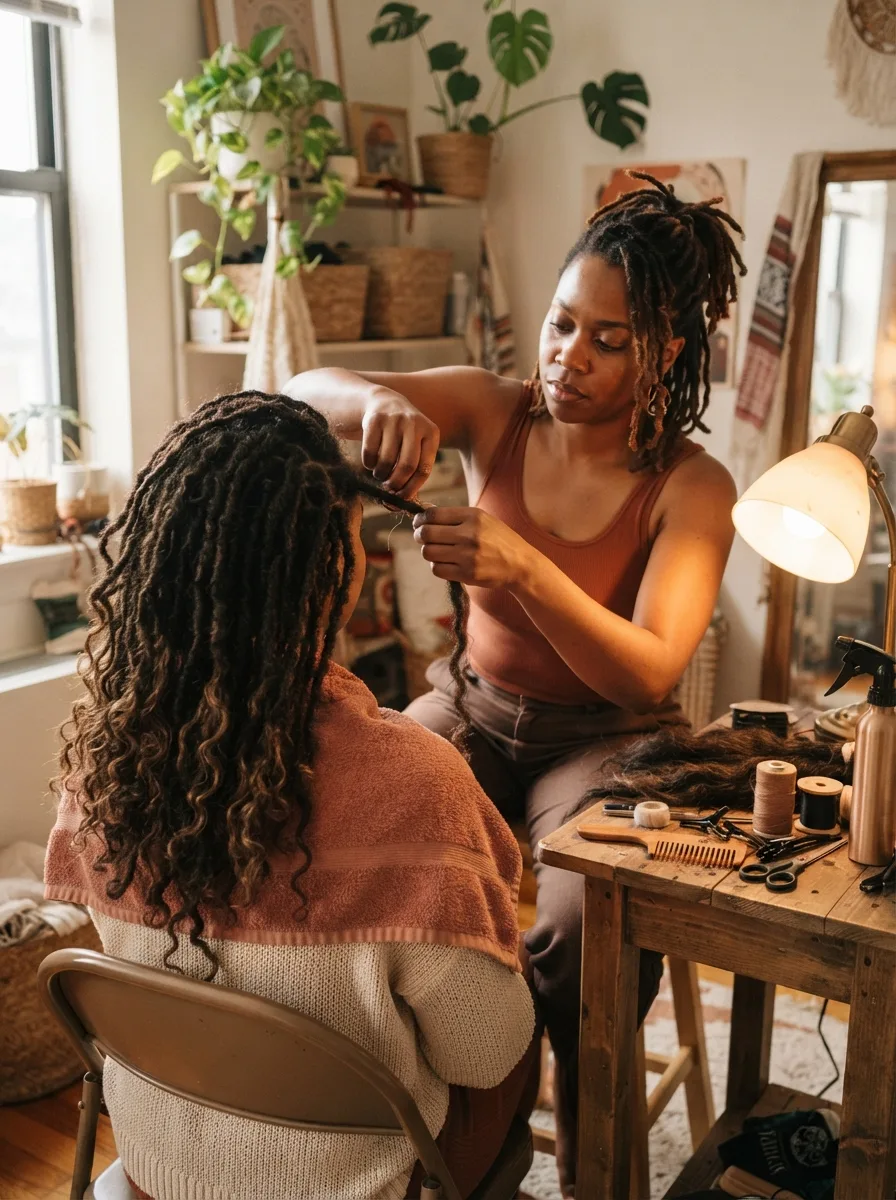 Stylist's hands two-strand twisting extension hair around a section of natural hair near a plant-filled window.