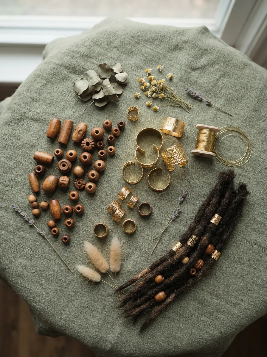Overhead flat-lay of gold cuffs, wood beads, gold thread, and a bundle of dark twist extension hair on sage linen.