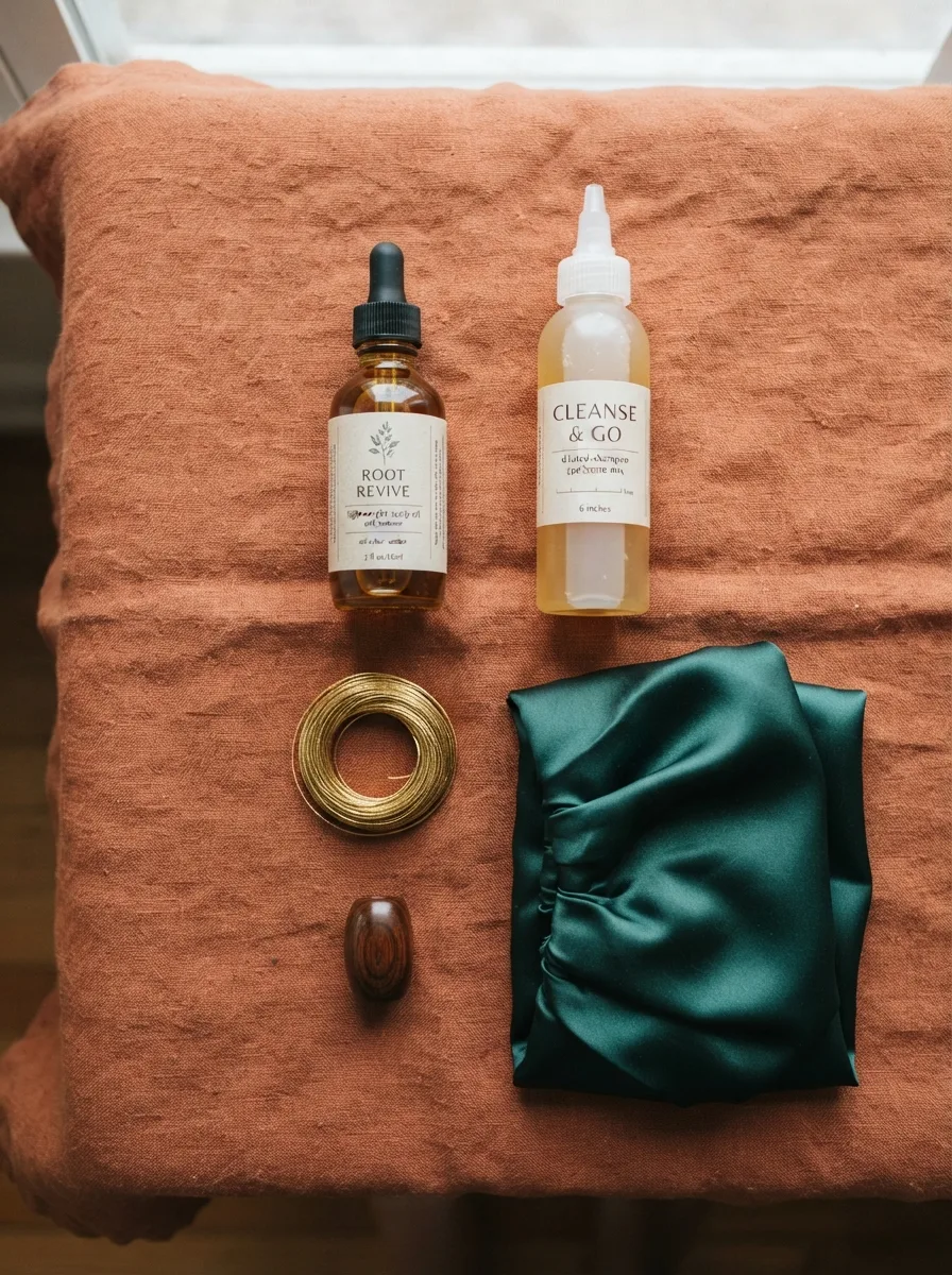 Flat-lay of twist care essentials including root oil, a diluted-shampoo bottle, and a satin bonnet.