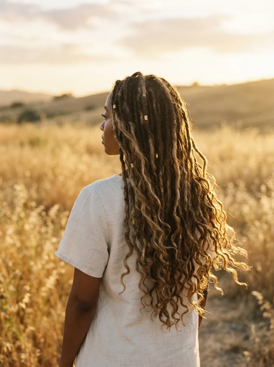 Outdoor golden-hour shot of long boho twists swaying across a dry grass field, backlit with gold thread accents visible.