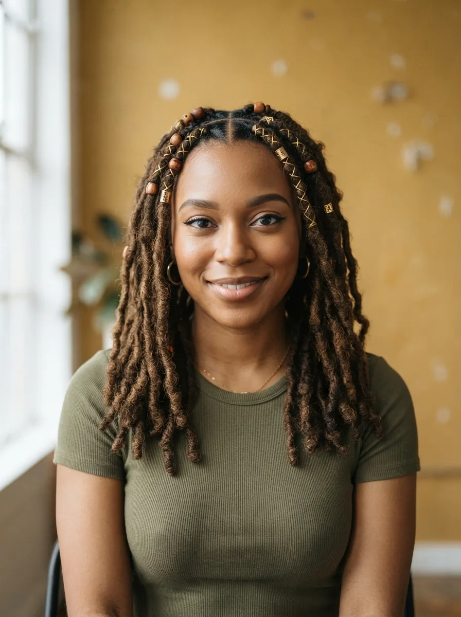 Close-up portrait of boho twists finished with a scattering of small white shells near the crown.