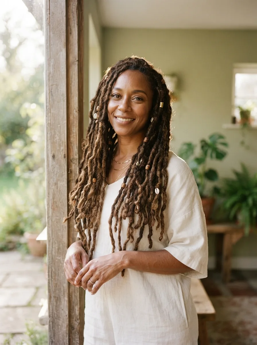 Full-length lifestyle portrait of a woman with long boho twists standing in a sunlit doorway wearing linen.