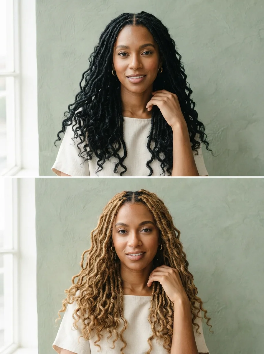 Comparison of two boho twist colorways — a deep brunette set next to a honey-blonde set with shell accents.