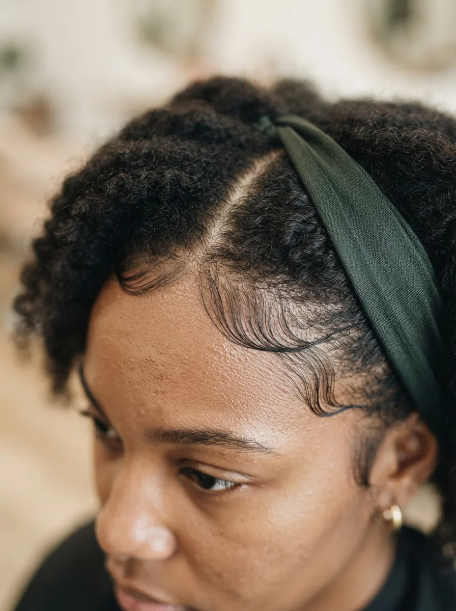 Macro close-up of the hairline showing a soft, undone twist part with baby hairs smoothed at the edges.