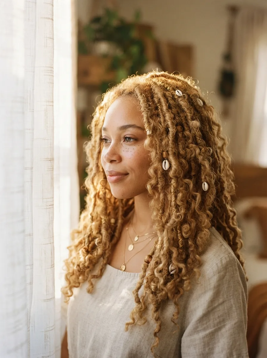 Woman with honey-blonde boho passion twists looking out a sunlit window, small shells threaded through several twists.