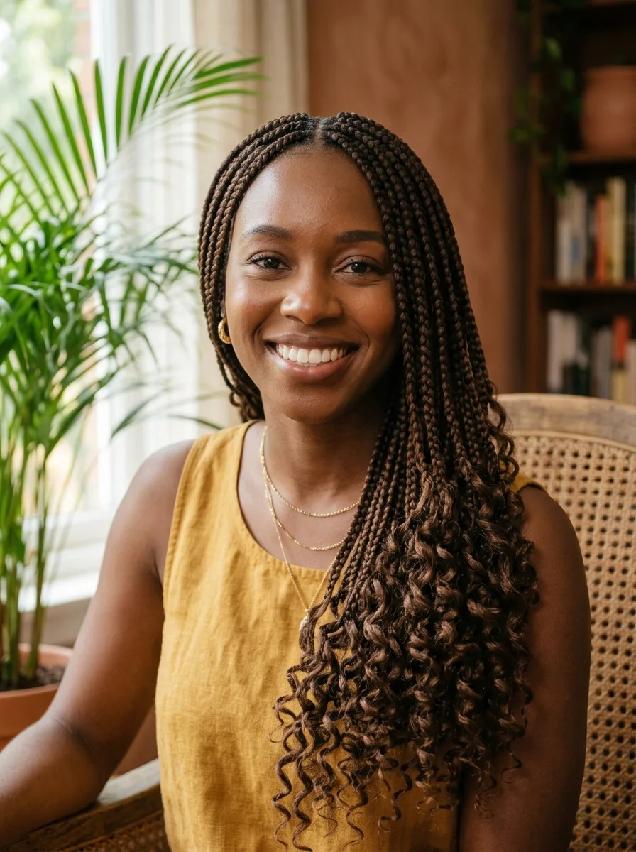 Smiling woman with medium braids that run sleek past her shoulders and open into loose, defined curly ends, wearing a mustard linen top on a cane-back chair beside a potted palm.
