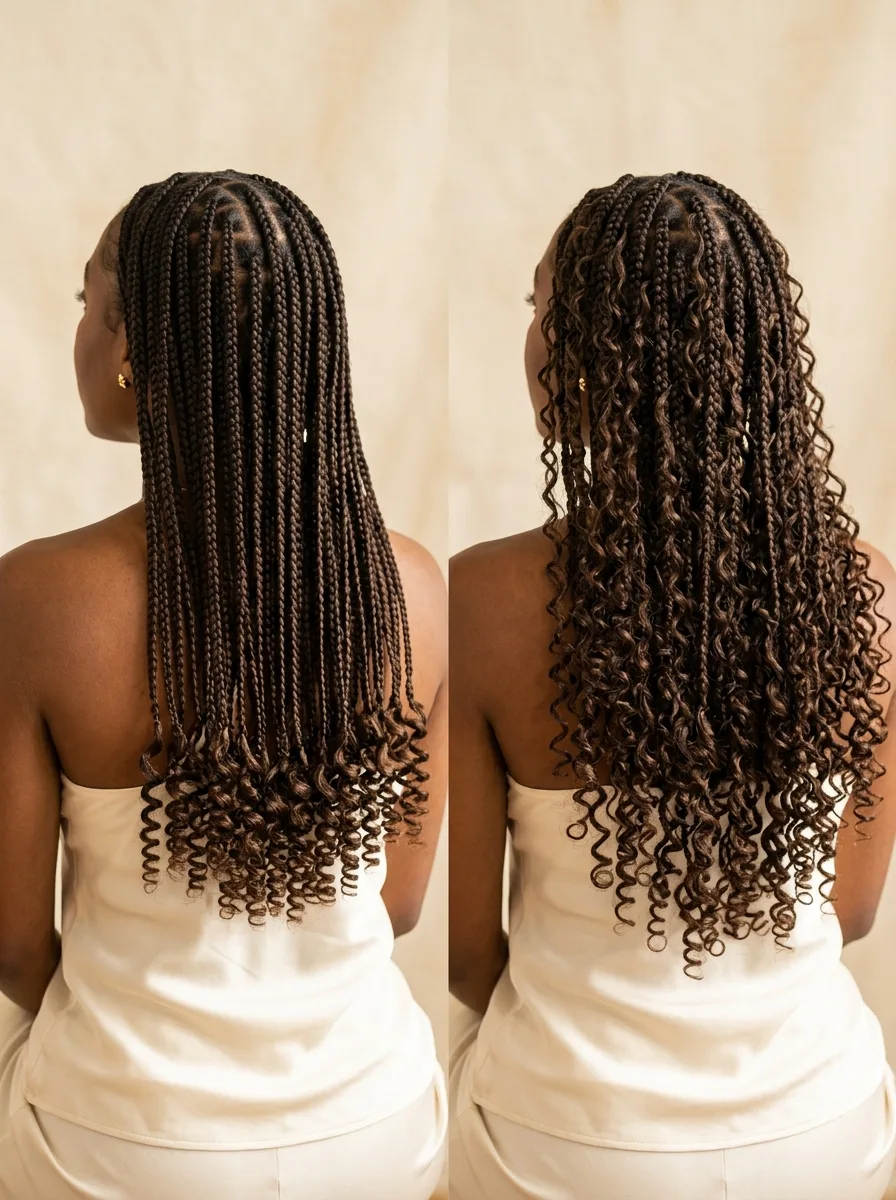 Two-panel back view of the same mid-back dark brown knotless braids: curly ends only on the left, curls woven through the full length on the right.