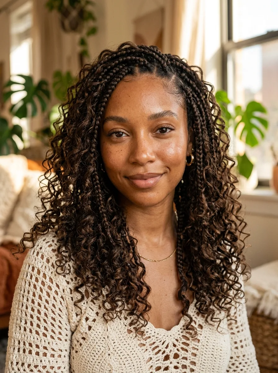 Woman with knotless braids almost covered by loose curly strands left out along every braid, a full halo of curls around her face, wearing a cream crochet top in a sunlit room with plants.