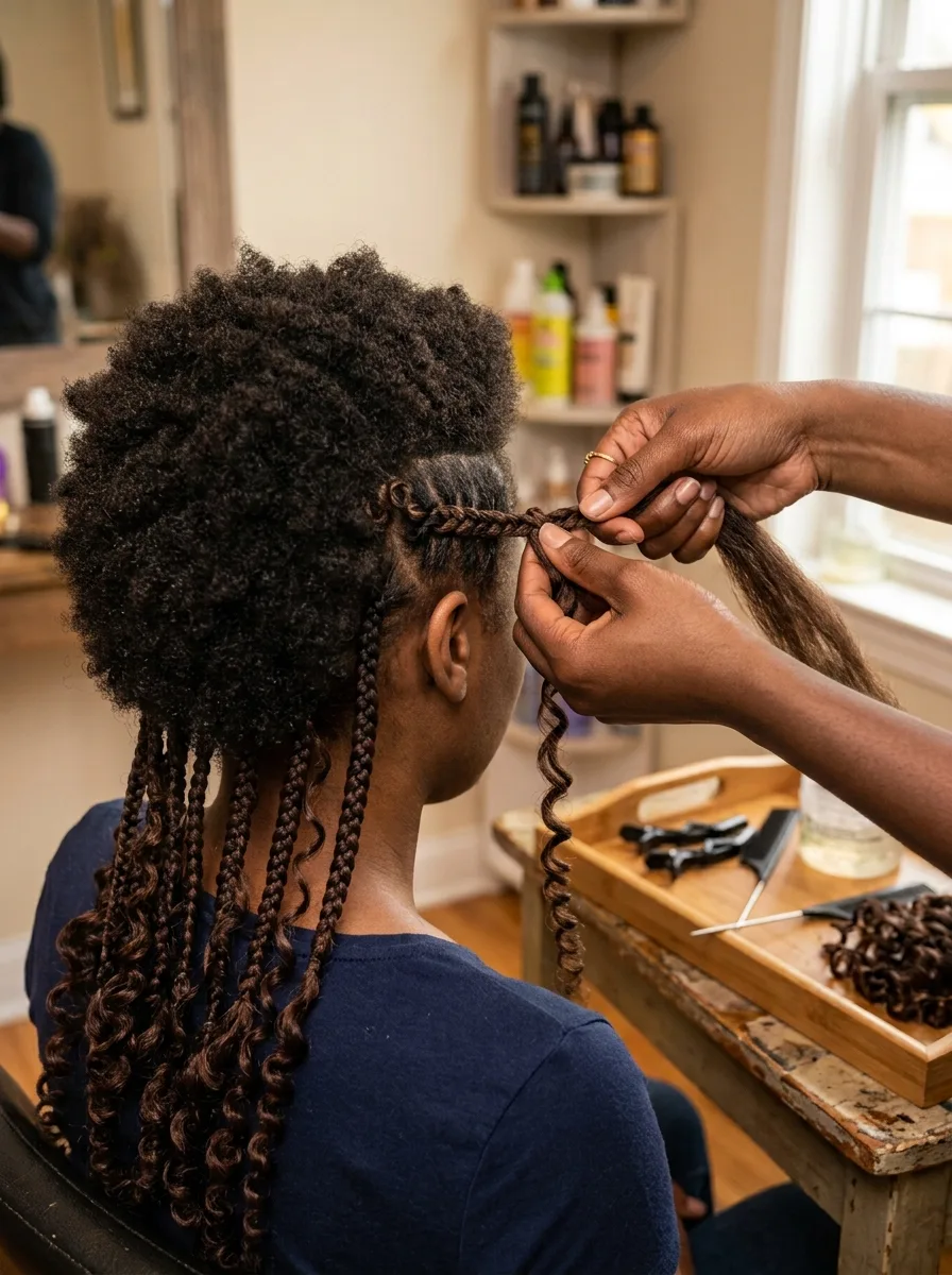 Stylist braiding a knotless braid on a client with coily natural hair, a curly strand hanging out of the braid, finished braids with curly ends below and a tray of clips, combs and curly hair beside them.