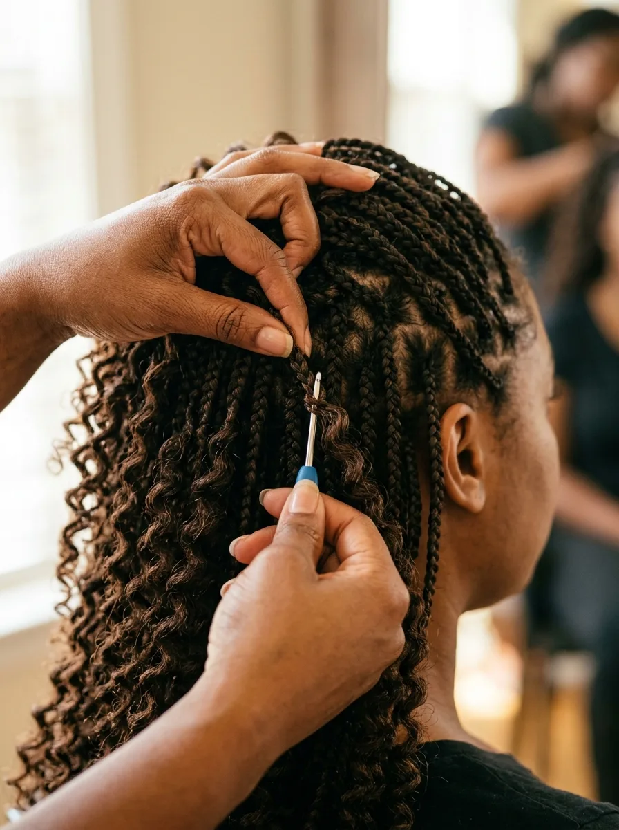 Hands using a latch-hook crochet needle to pull curly hair through a finished knotless braid, with curly hair already added along the neighboring braids.