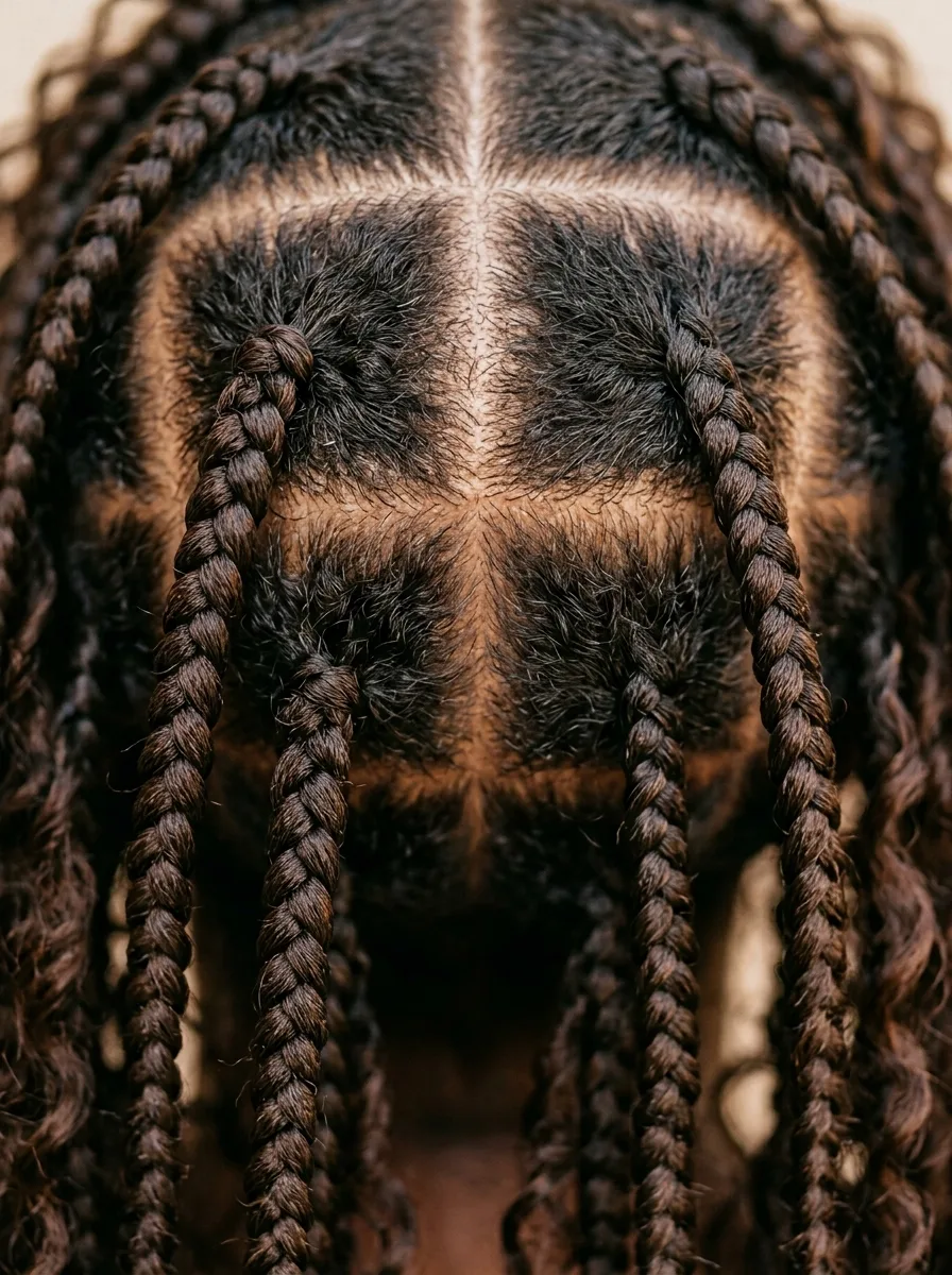 Close-up of clean square parts at the scalp with dark brown braids rooted in each section and curly hair hanging alongside.