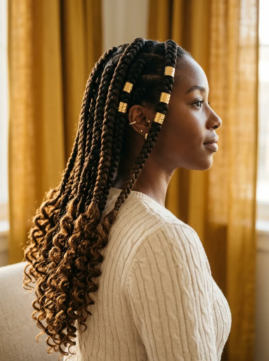 Side profile of a woman with jumbo box braids opening into big brown curly ends, hammered gold cuffs on the front braids and stacked ear cuffs, against mustard linen curtains.
