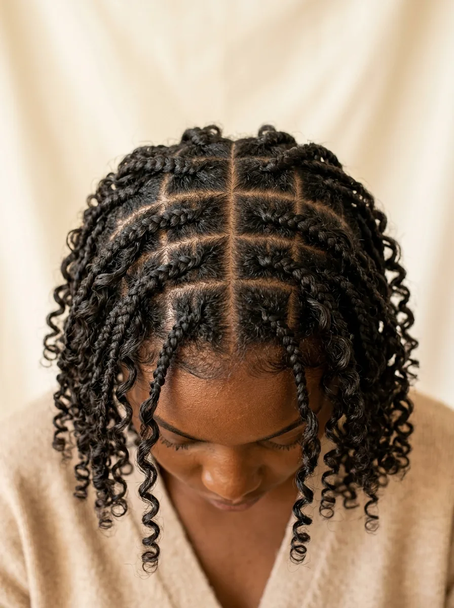 Overhead view of a bowed head showing a neat grid of square parts at the roots of chin-length knotless braids with springy curly ends falling forward.