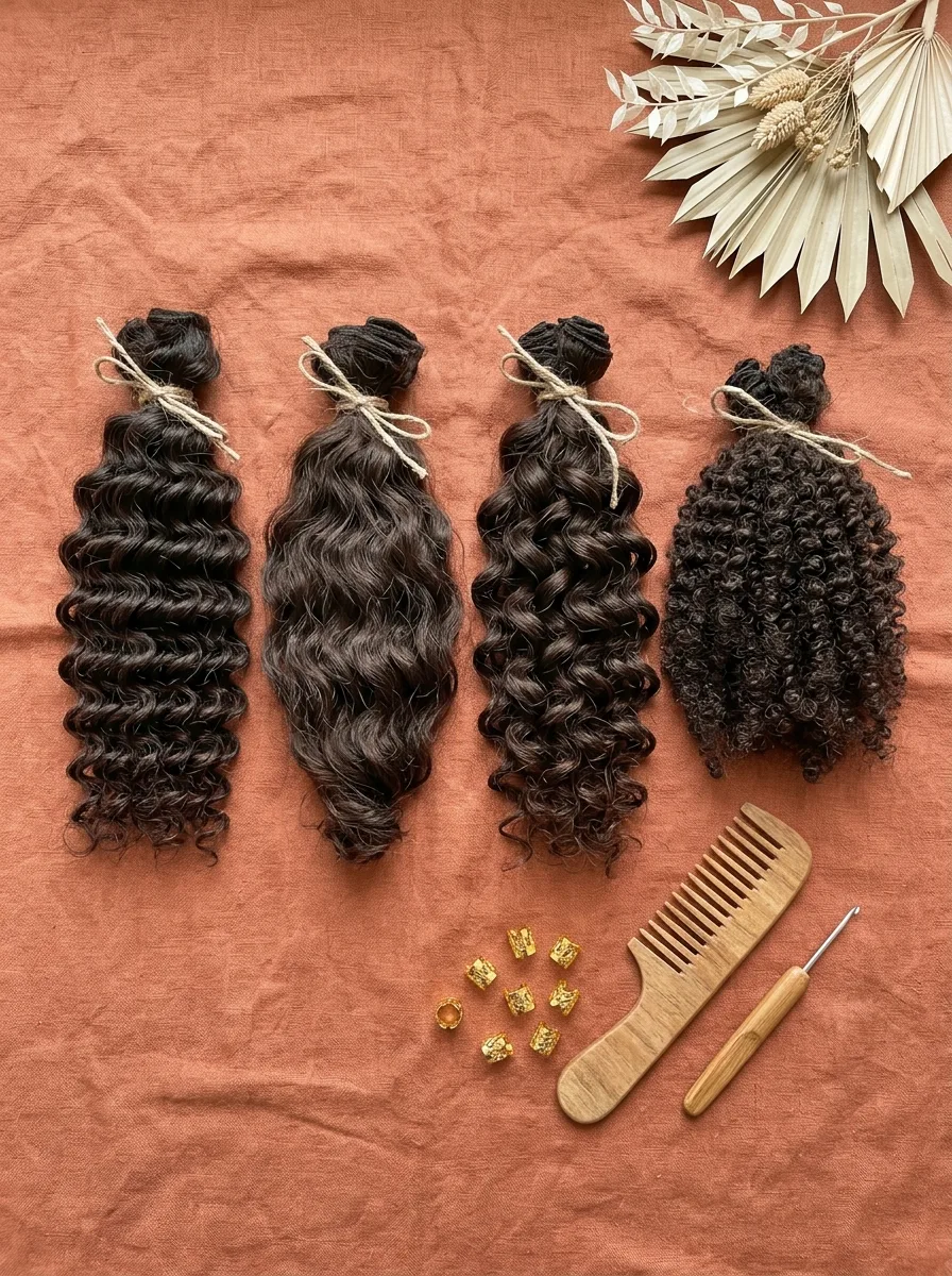 Flat-lay on terracotta linen of four unlabeled hanks of curly hair tied with twine, from a tight deep wave to a fluffy kinky curl, with gold hair cuffs, a wooden comb, a crochet needle and dried palm leaves.