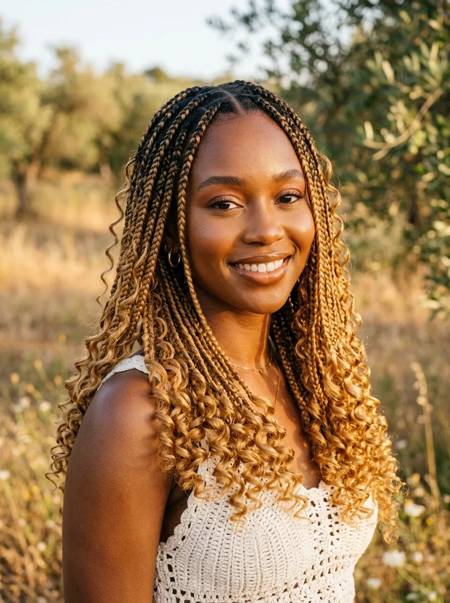 Smiling woman with dark-root to honey-blonde knotless braids and glossy honey-blonde spiral curls, wearing a cream crochet top in golden-hour light among olive trees.