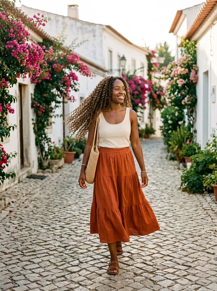 Smiling woman with long dark-root to honey-brown braids with curls swinging as she walks down a cobbled lane lined with bougainvillea, in a cream tank, a rust tiered midi skirt and a straw bag.