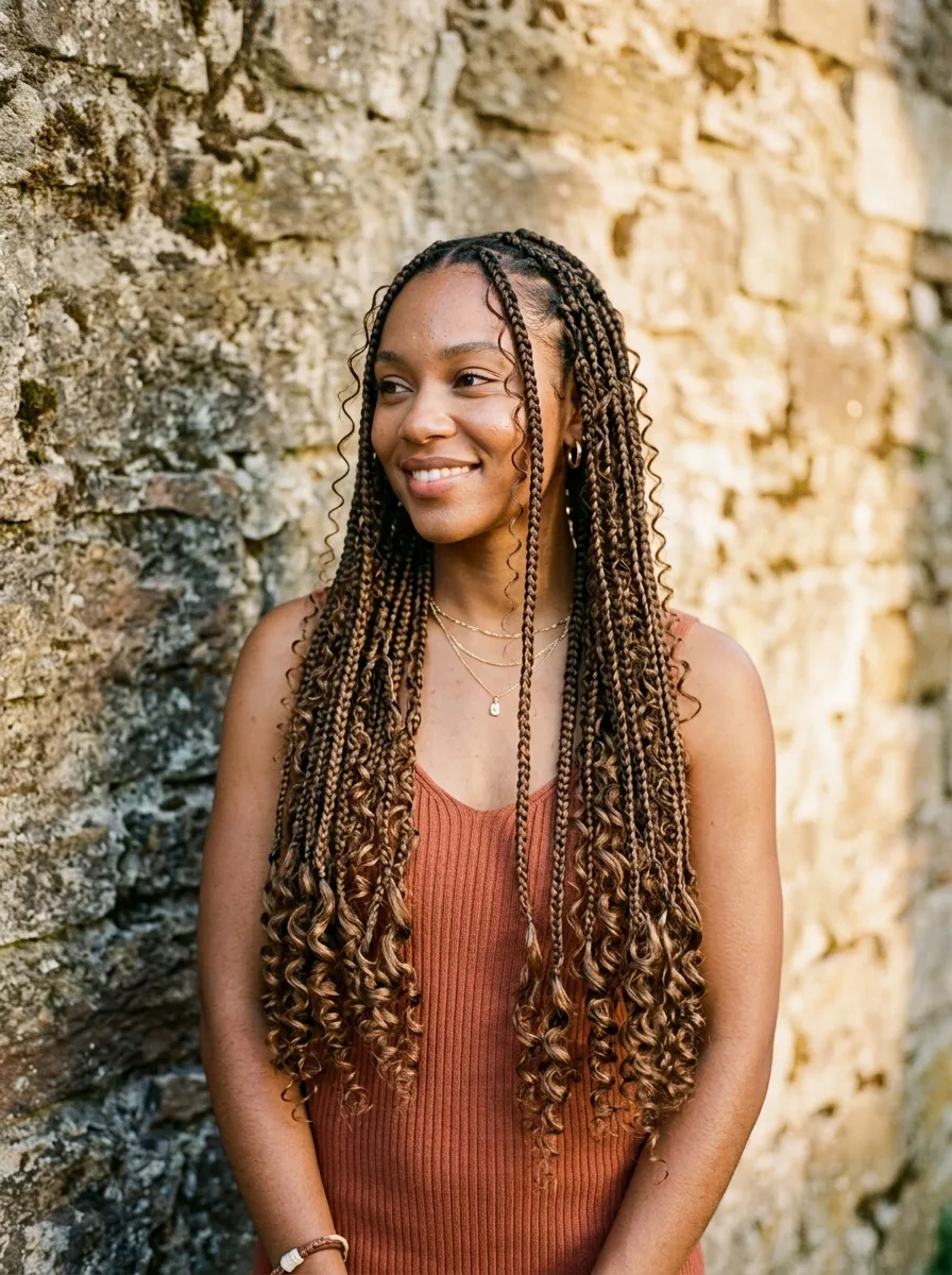 Smiling woman with long knotless braids in a brown-to-honey blend, curls woven through the length and full curly ends, wearing a rust ribbed tank and layered gold necklaces against a weathered stone wall.