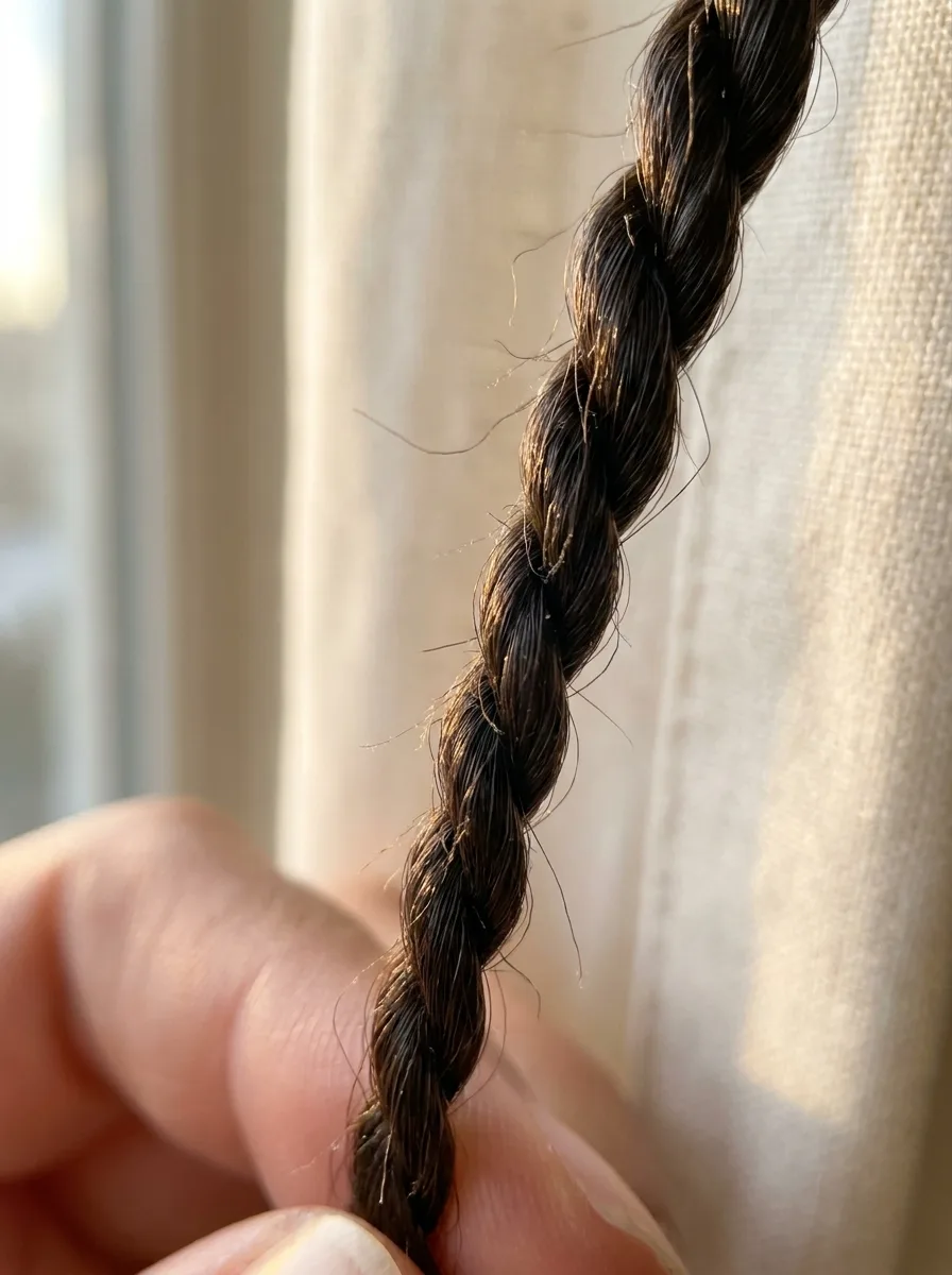 Macro close-up of a single dark brown island twist held between fingertips against a sheer cream curtain, showing the loose two-strand wind, soft sheen and stray flyaways.