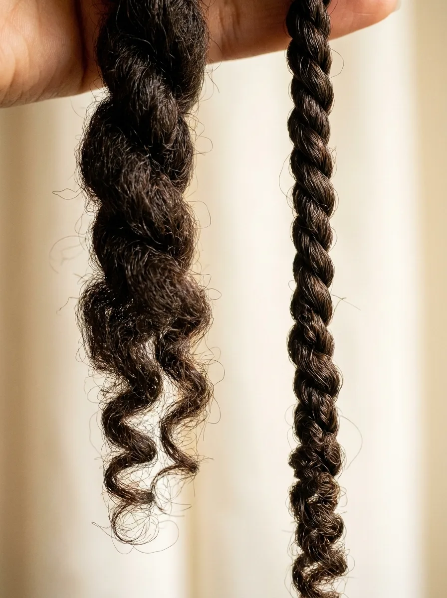 Side-by-side close-up of a fuller, loosely wound island twist opening into curls next to a slimmer, tightly wound rope-like twist in the same dark brown.