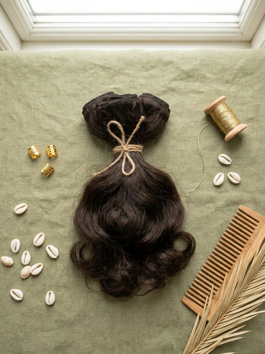 Flat-lay of a dark brown wavy hair bundle tied with twine, gold hair cuffs, cowrie shells, a spool of gold thread, a wooden comb and a dried palm frond on sage linen.