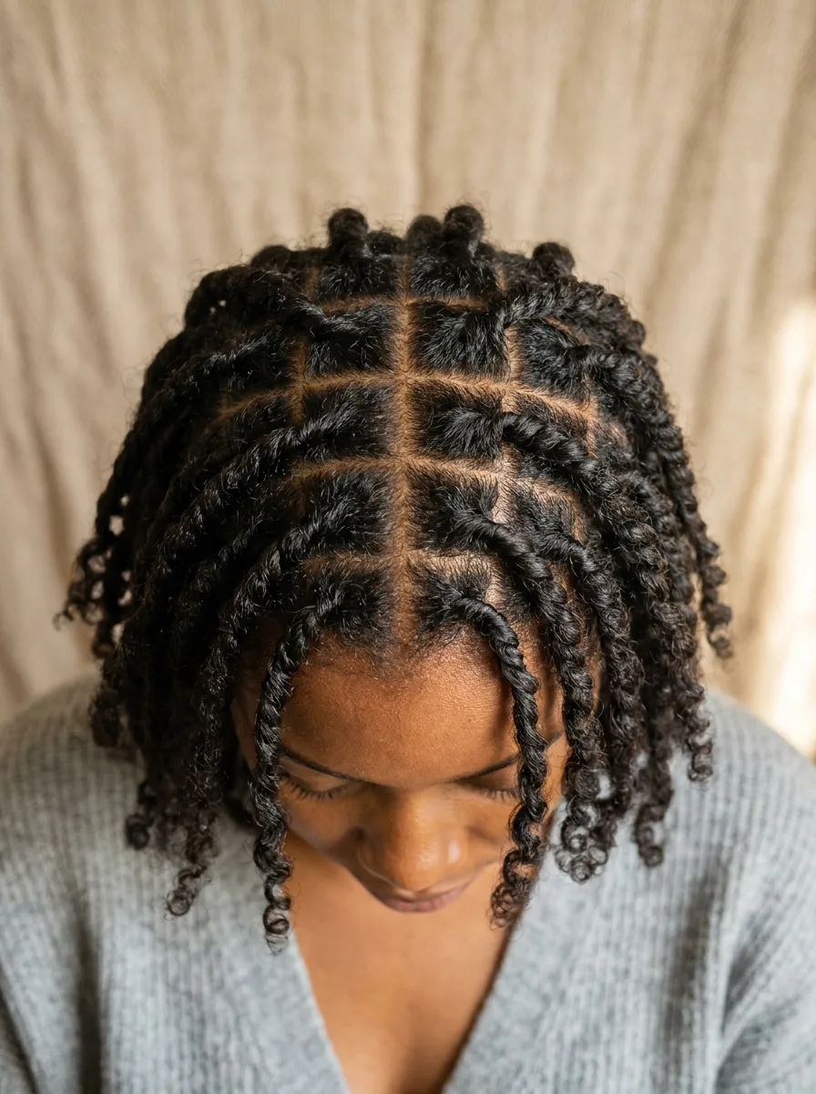 Overhead view of a head tilted forward showing a neat grid of square parts at the roots of chin-length two-strand twists with curly ends.