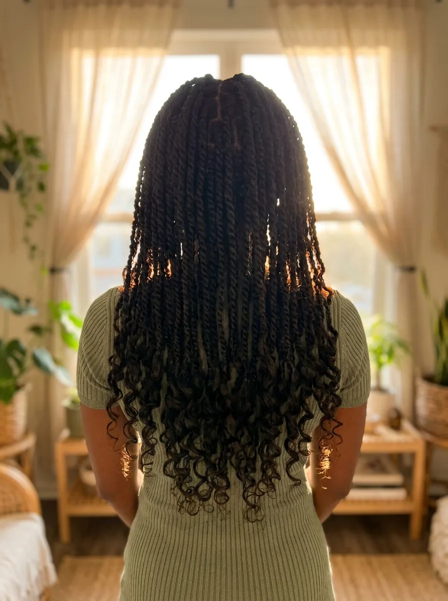 Back view of a woman with mid-back island twists ending in loose curls, standing by a sheer-curtained window in a sage ribbed knit top.