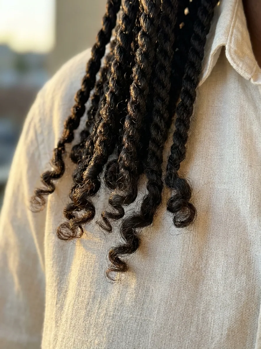 Close-up of island twist ends loosening into soft, springy curls against the front of a cream linen shirt in warm side light.