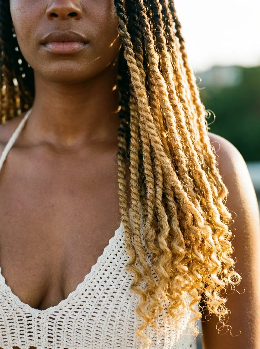 Honey-blonde island twists with dark roots falling over the shoulder of an off-white crochet halter top in golden-hour light.