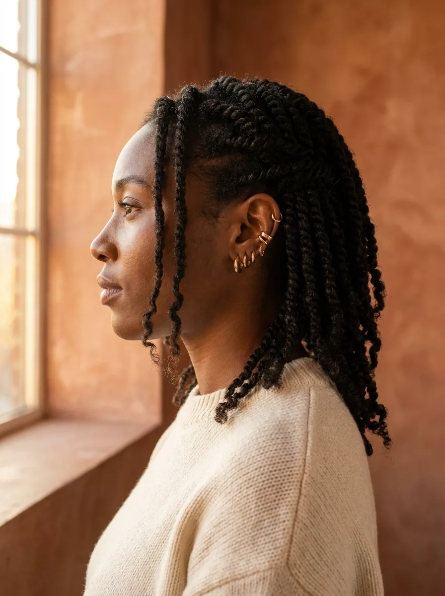 Side profile of a woman with shoulder-length island twists swept back from one ear, showing a stack of small gold hoops and ear cuffs against a terracotta plaster wall.