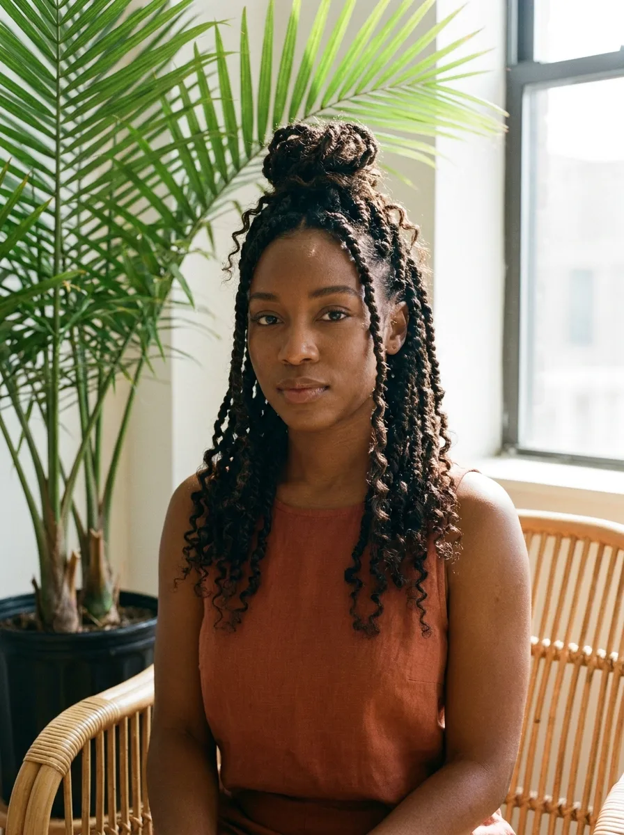Woman on a rattan chair with island twists styled in a loose half-up top knot, face-framing twists left out, wearing a rust sleeveless top beside a potted palm.